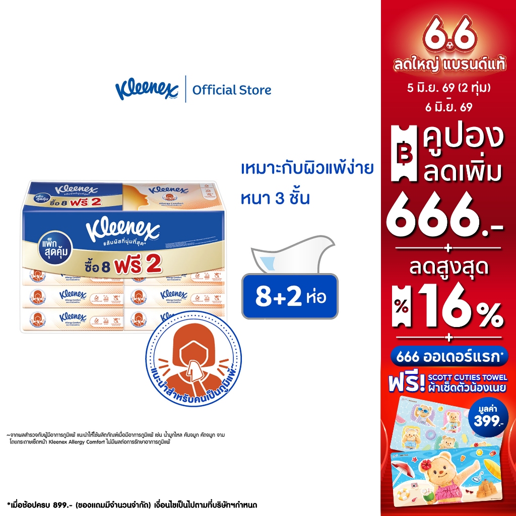 คลีเน็กซ์ กระดาษเช็ดหน้า หนา 3 ชั้น เอเลอร์จี คอมฟอร์ท ซอฟท์เคส 54 แผ่น 8+2 ห่อ