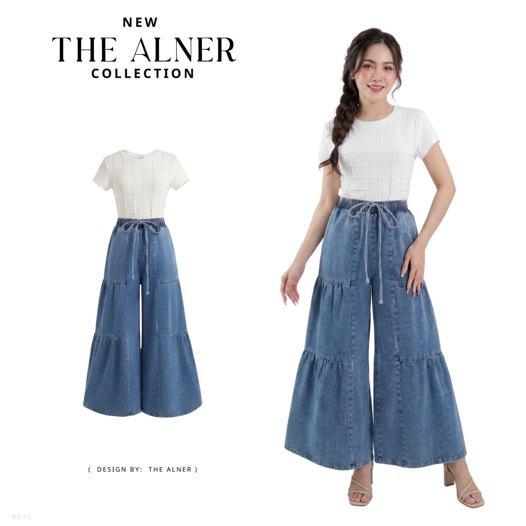 Thealner-AN675 (เซ็ตเสื้อขาวตีเกล็ดตาราง กางเกงยีนส์ขายาว)
