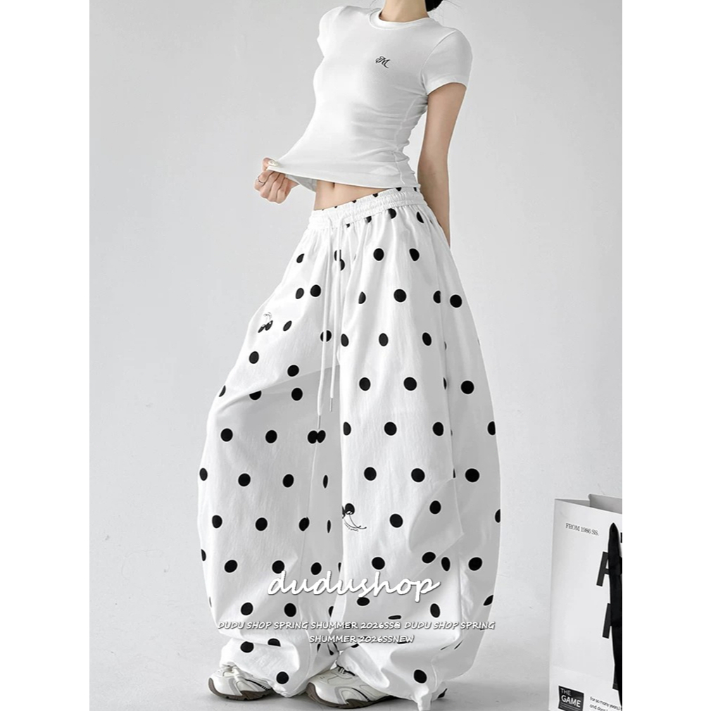 [Summer quick-drying fabric, wave dot printing]สตรีทสปอร์ตลมสบาย ๆ บางเต็มพิมพ์ผู้หญิงเต้นรำกางเกงขากว้าง