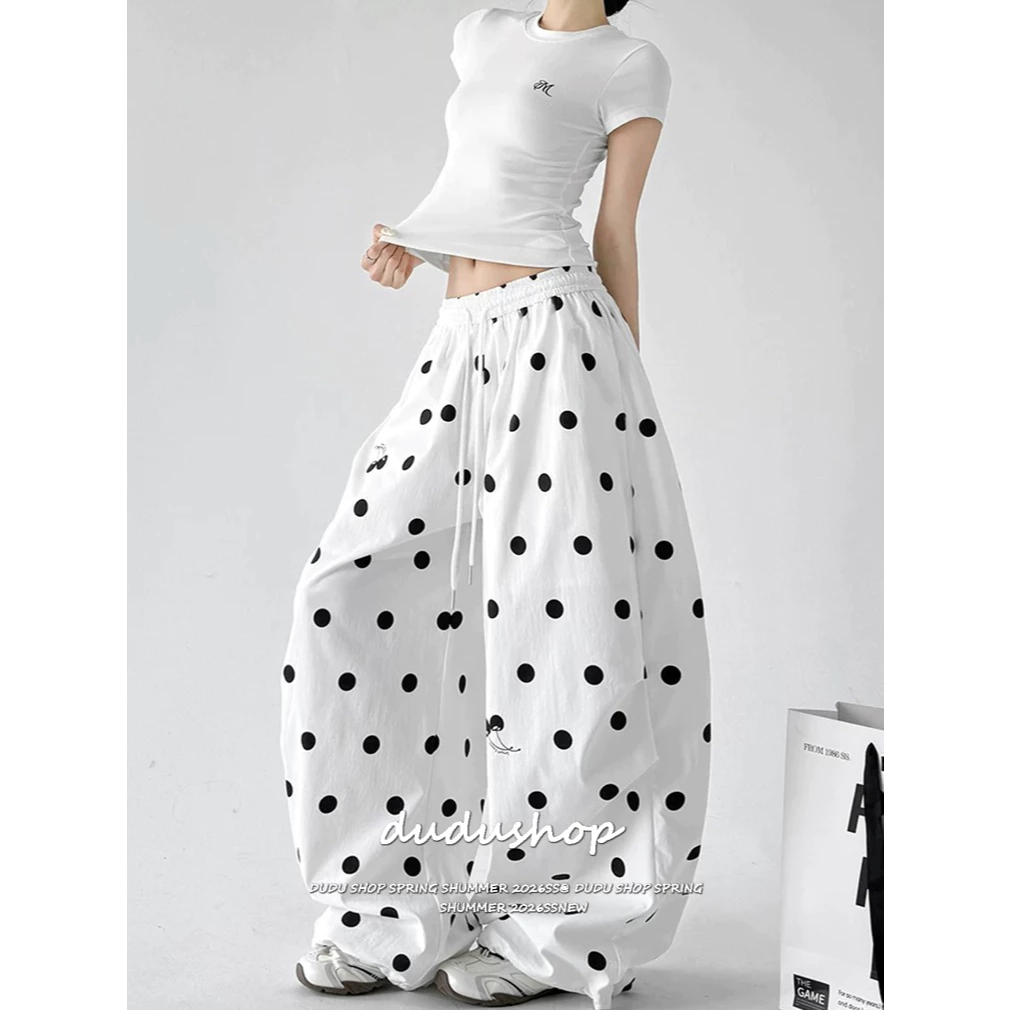 [Summer quick-drying fabric, wave dot printing]สตรีทสปอร์ตลมสบาย ๆ บางเต็มพิมพ์ผู้หญิงเต้นรำกางเกงขากว้าง