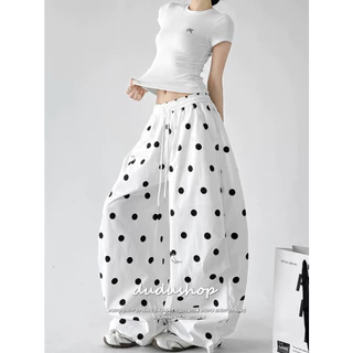 [Summer quick-drying fabric, wave dot printing]สตรีทสปอร์ตลมสบาย ๆ บางเต็มพิมพ์ผู้หญิงเต้นรำกางเกงขากว้าง