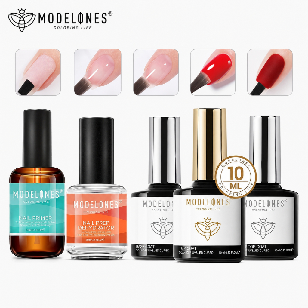 Modelones เซ็ตทำเล็บ 5 ชิ้น น้ำยาล้างไขมัน 2 + Base/Top/ท็อปด้าน 3 ทนนาน 60+วัน สำหรับมือใหม่