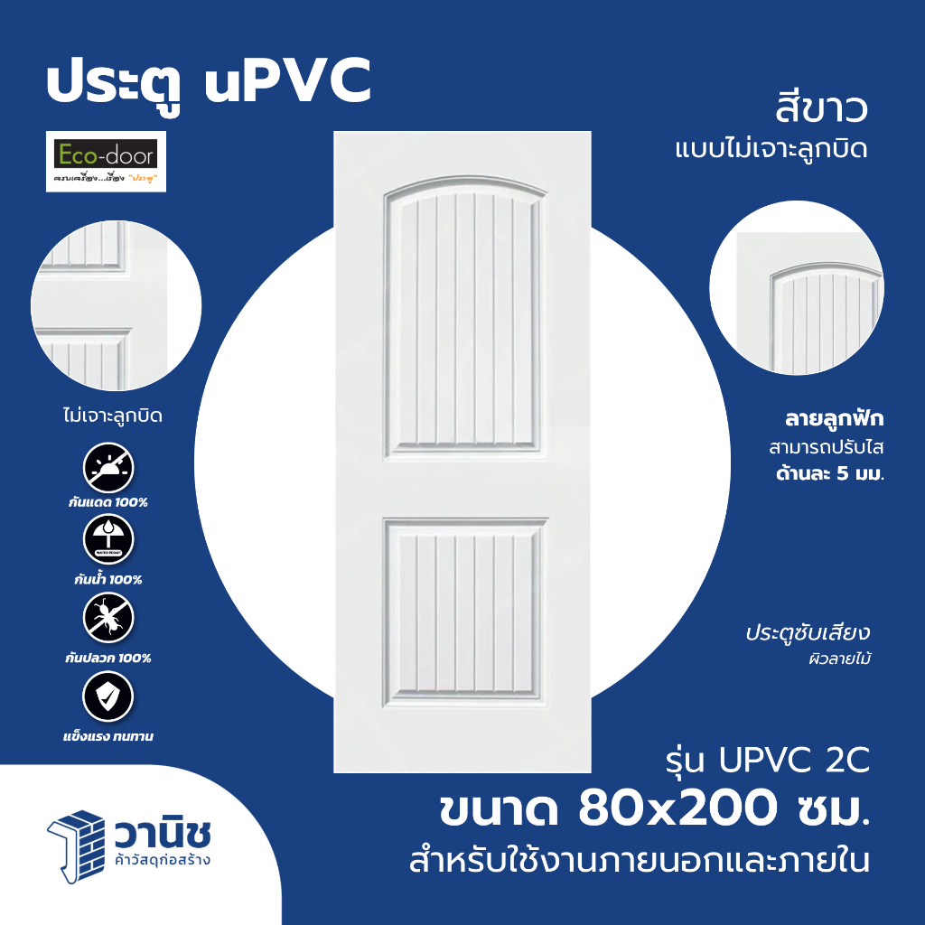 ประตู uPVC Eco-door รุ่น uPVC 2C ขนาด 80 x 200 ซม. สีขาวบานทึบ ไม่เจาะลูกบิด กันปลวก กันน้ำ ไม่ลามไฟ I สำหรับภายนอก / ใน
