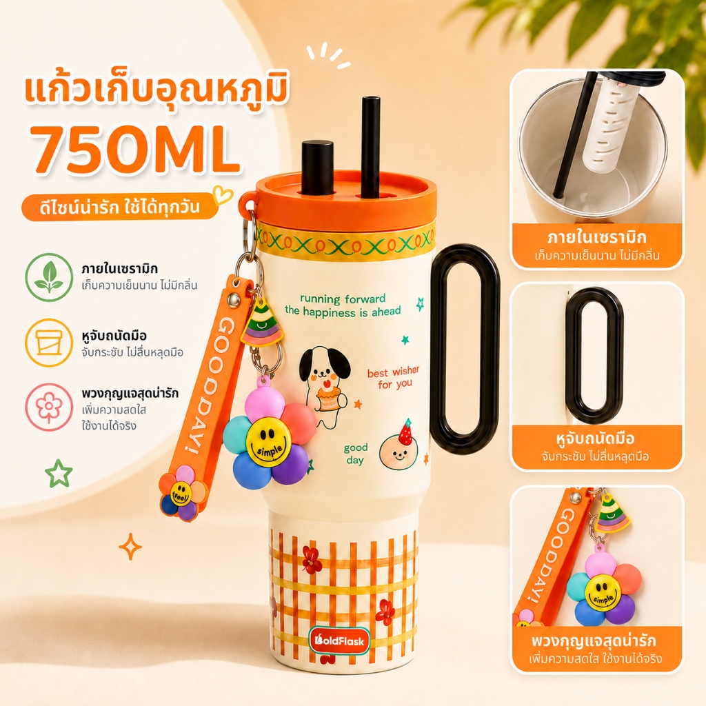 【BoldFlask】 750ml ส้มโชคดี สแตนเลสถ้วยความร้อนเซรามิกเรียงรายมาพร้อมกับฟางและมือจับ ซีรีส์โชคดี