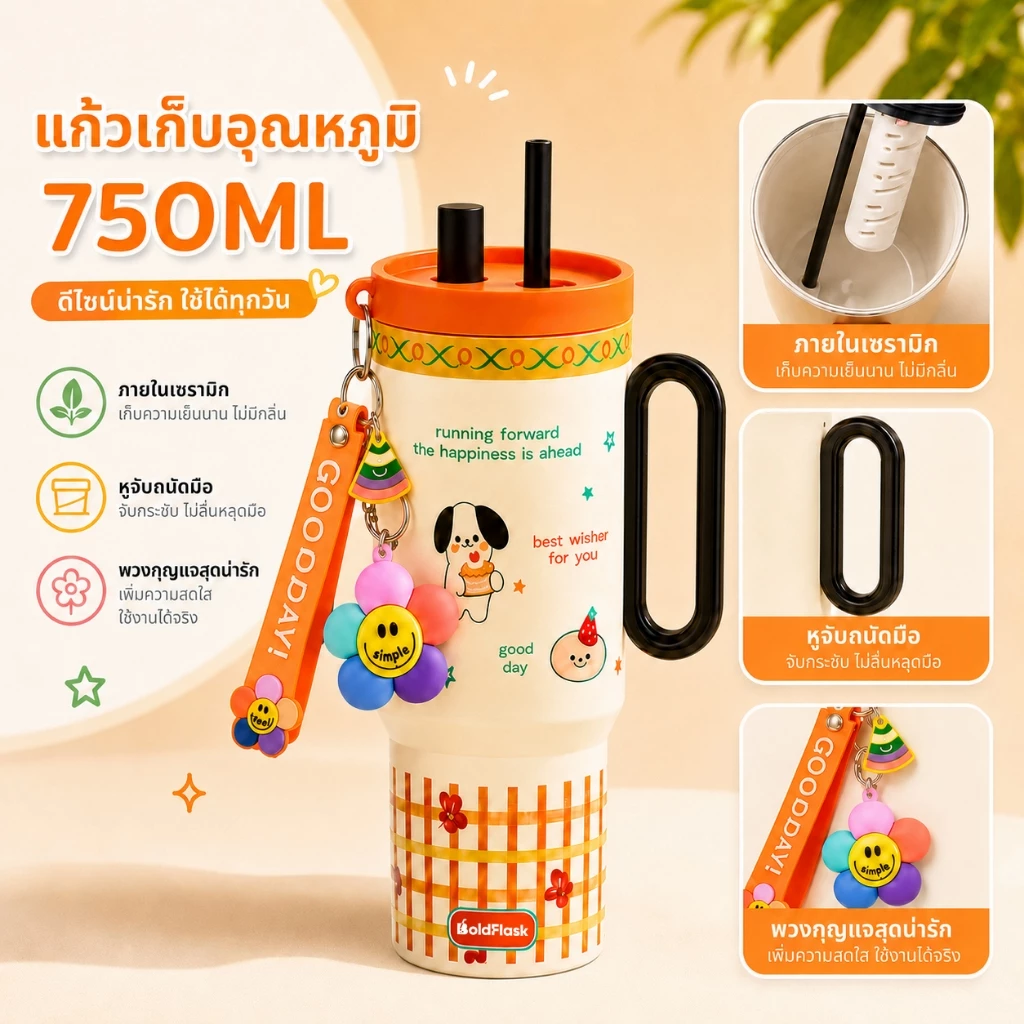 【BoldFlask】 750ml ส้มโชคดี สแตนเลสถ้วยความร้อนเซรามิกเรียงรายมาพร้อมกับฟางและมือจับ ซีรีส์โชคดี