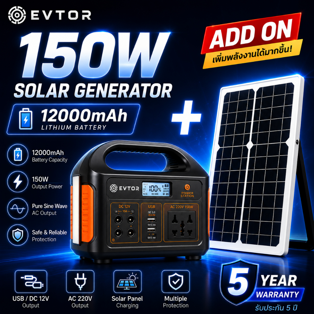EVTOR Power Station 150W พาวเวอร์แบงค์พกพา ชาร์จเร็ว รองรับแผงโซล่าเซลล์ ใช้ได้กับเครื่องใช้ไฟฟ้า พัดลม โน้ตบุ๊ก