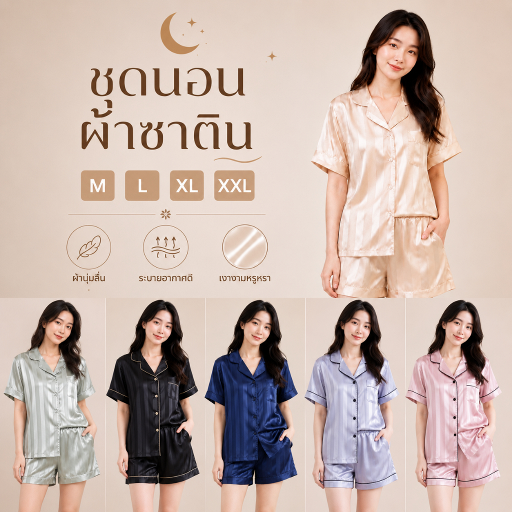 G122 มาใหม่ ★ส่งจากไทย★ชุดนอนซาตินแขนสั้นขาสั้น  ชุดนอนสีพื้นลายตรง ชุดนอนแฟชั่นสไตล์เกาหลี ชุดนอนน่ารัก