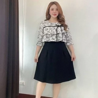 เดรสสาวอวบ ผ้ายืดวูลเวฟ แต่งลายสวยสุภาพ รอบอกก่อนยืด 42 นิ้ว ยืดได้46 นิ้ว รอบเอว 34-44"ความยาว 38นิ้วWT