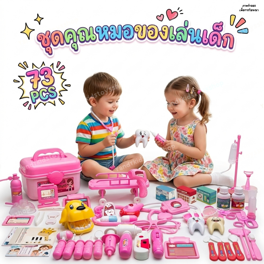 ⭐️Y&YToys Kids⭐ชุดหมอของเล่นเด็ก ชุดหมอฟัน สีเพลง  มีไฟ  ชุดคุณหมอมาพร้อมกล่อง 73ชิ้น ของเล่นเด็ก