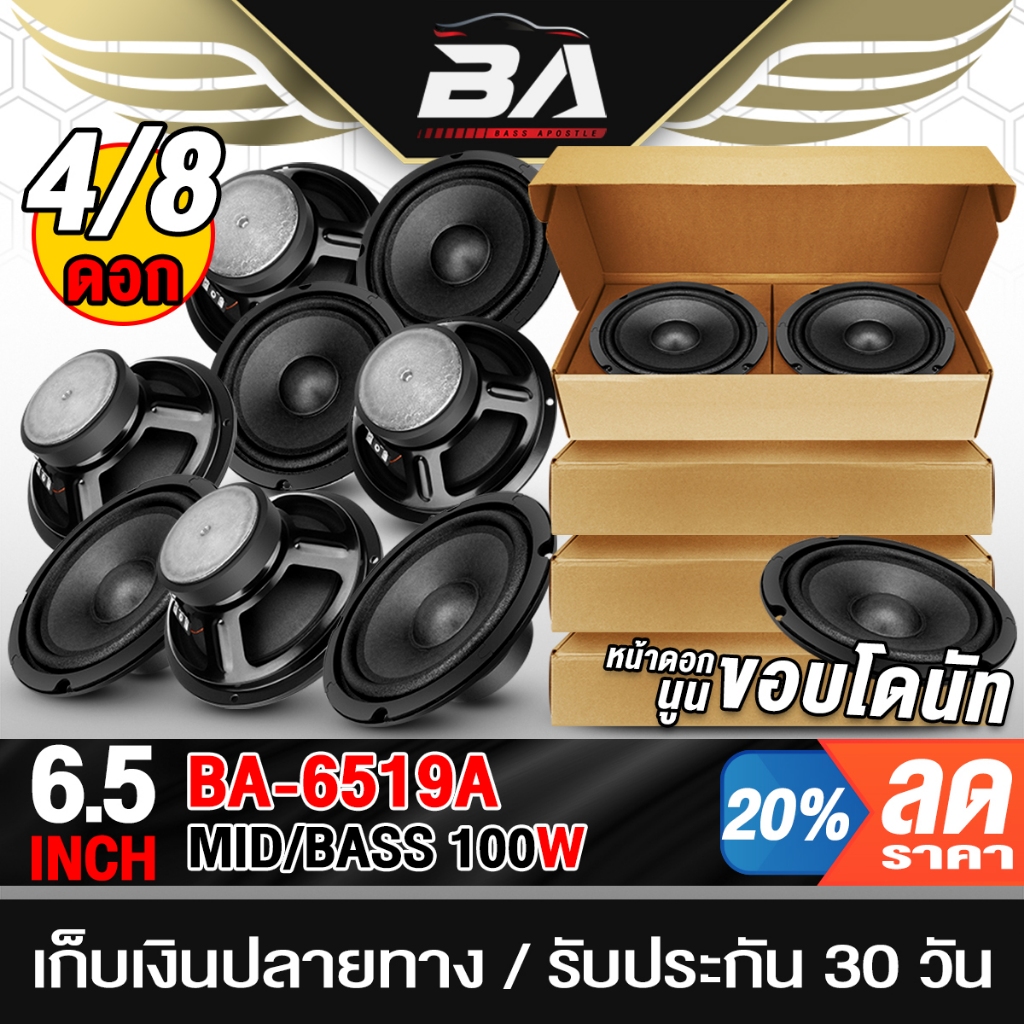 BA SOUND ดอกลำโพง 6.5 นิ้ว 100W 4OHM พิเศษ!! ขายส่ง จำนวน 4ดอก / 8ดอก ขอบโดนัท หน้านูน BA-6519A ลำโพ