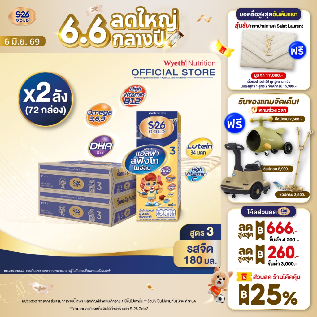 นมกล่อง เอส 26 ยูเอชที โกลด์ สูตร 3 (72 กล่อง) ยกลัง x2 S-26 Gold UHT Formula3 x2 cases