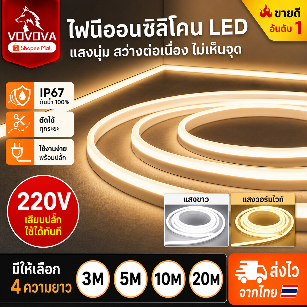 ไฟเส้น LED แถบไฟดัดงอได้ 220V กันน้ำ ไฟแต่งห้อง แสงขาว/วอร์มไวท์ 3ม.-20ม. สำหรับตกแต่งบ้าน หอพัก คริสต์มาส