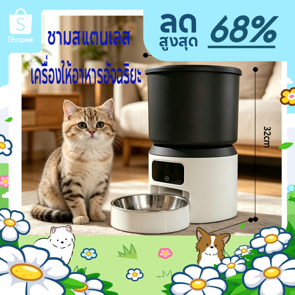เครื่องให้อาหารแมวอัตโนมัติ 4L WiFi ตั้งเวลา ควบคุมแอป ถ้วยสแตนเลส กันขัดขวาง