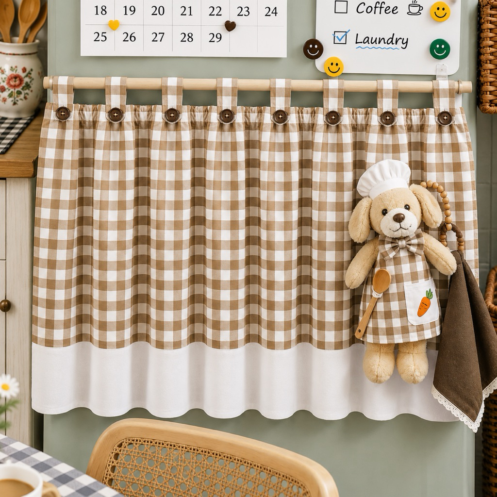 🧸🧋✨ ถ้าสก็อตเคาน์เตอร์ครัวหูกระดุมสีน้ำตาล ราคาเฉพาะม่าน ตุ๊กตาไม่ได้แถม