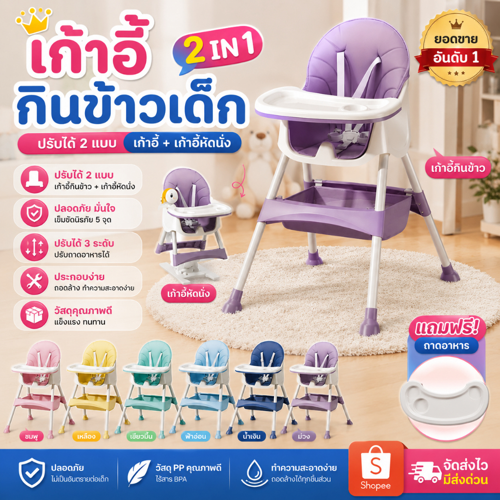 🌈รุ่น Top🌟เก้าอี้กินข้าวเด็ก High chairรุ่น PREMIUM Multifuntion 🌟ฟรี เบาะนั่ง ถาดรองอาหาร ล้อเลื่อน