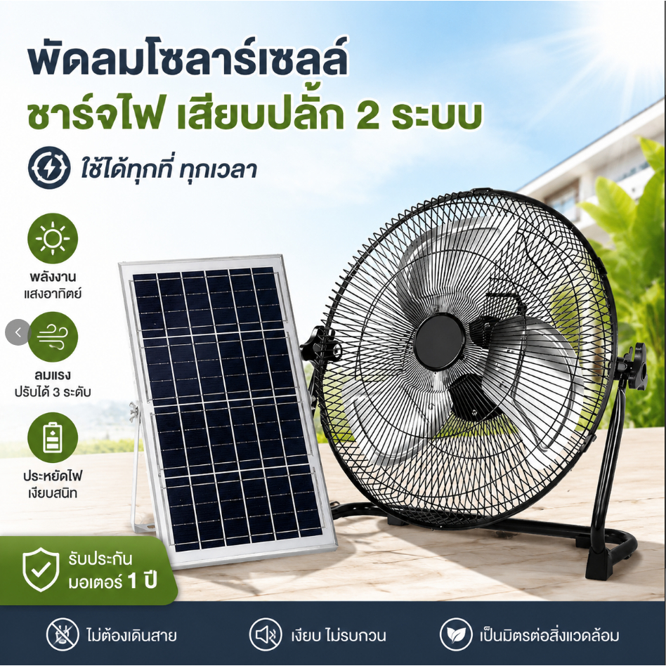 พัดลมโซล่าเซลล์ 14 นิ้ว Solar Fan ชาร์จไฟบ้านได้ ใช้พลังงานแสงอาทิตย์ ลมแรง 3 ระดับ ประหยัดไฟ ใช้งานได้ทุกที่ ทุกเวลา