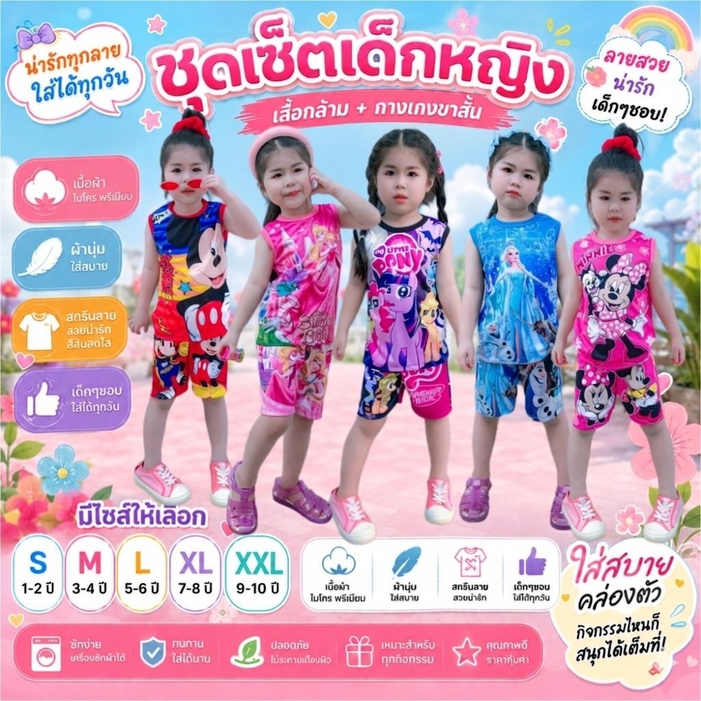 ชุดเด็กผู้หญิง รุ่นTT เสื้อกล้ามกุด กางเกงขาสั้น ผ้าไมโคร ใส่สบายไม่ร้อน