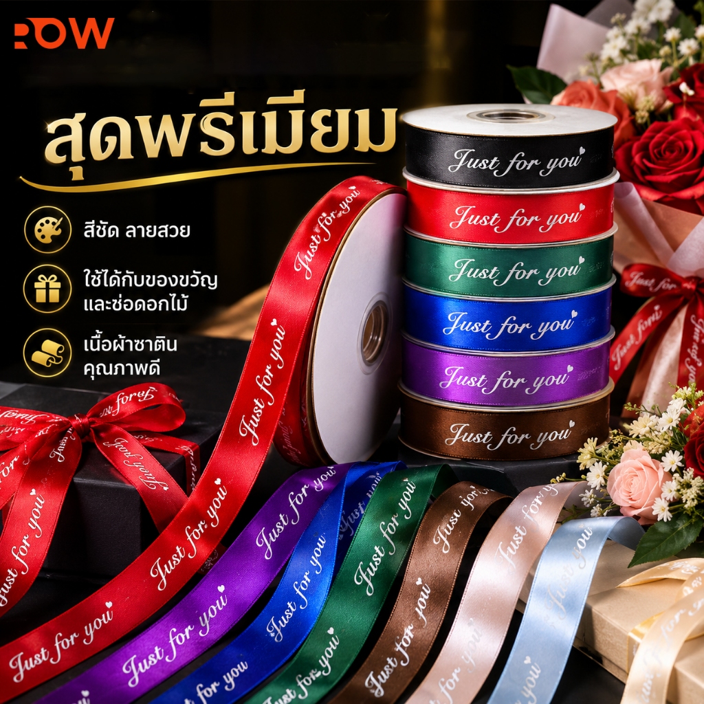 ริบบิ้นผูกโบว์ของขวัญ ซาตินพิมพ์ลาย Just for you สำหรับงานแต่ง งานปาร์ตี้