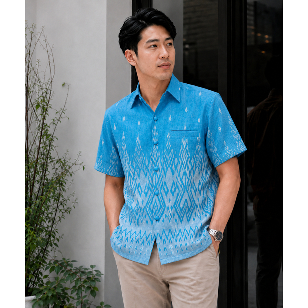 เสื้อผู้ชายทอลายขอนาค เสื้อผ้าฝ้ายทอลาย คอปกเชิ้ต สีฟ้า (เป็นผ้าทอนะคะไม่ใช่ผ้าพิมพ์ลาย) Man Clothing