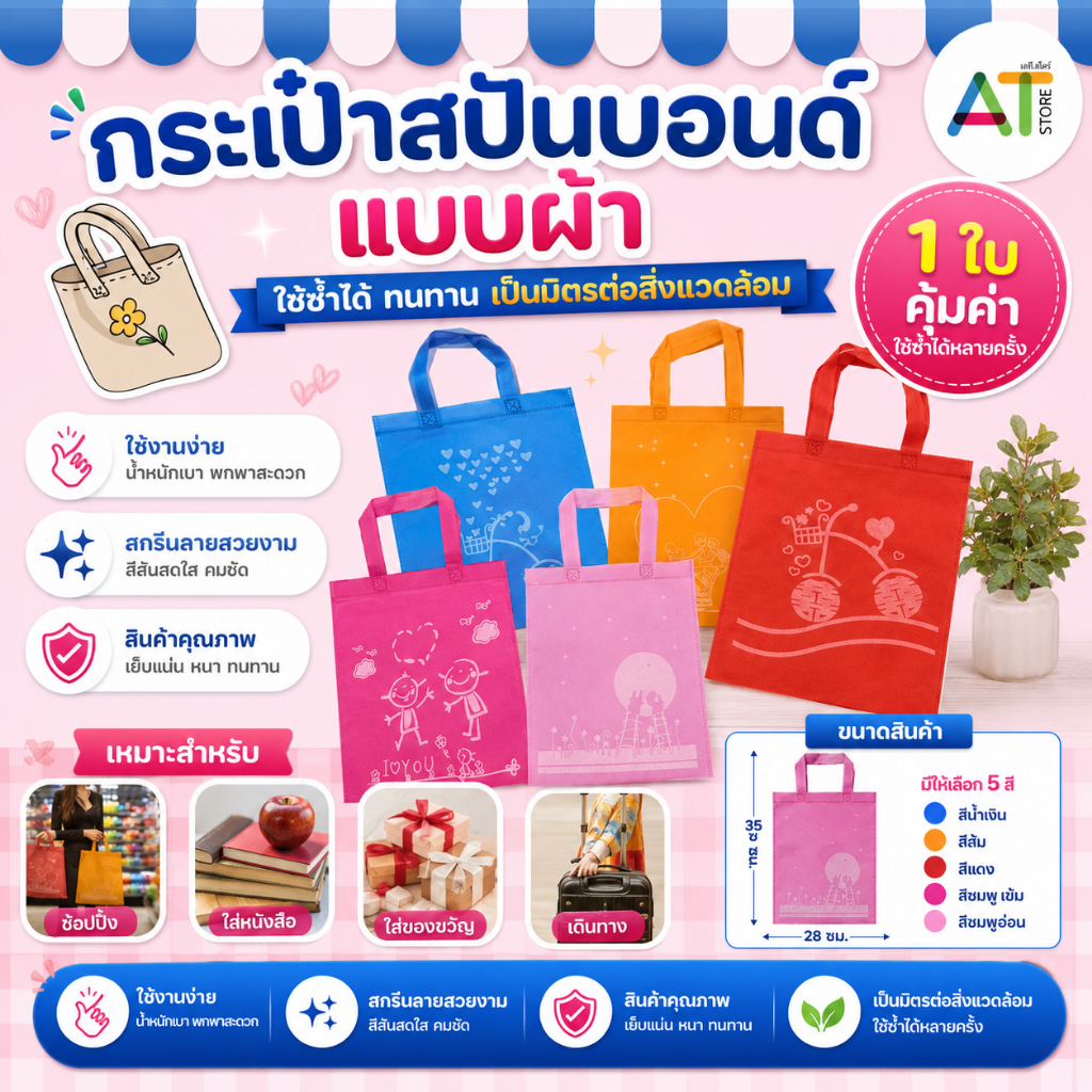 AT.Store กระเป๋าผ้าสปันบอนด์ ถุงผ้าลดโลกร้อน อเนกประสงค์ กระเป๋าผ้าพับได้ ถุงผ้าขนาด A4