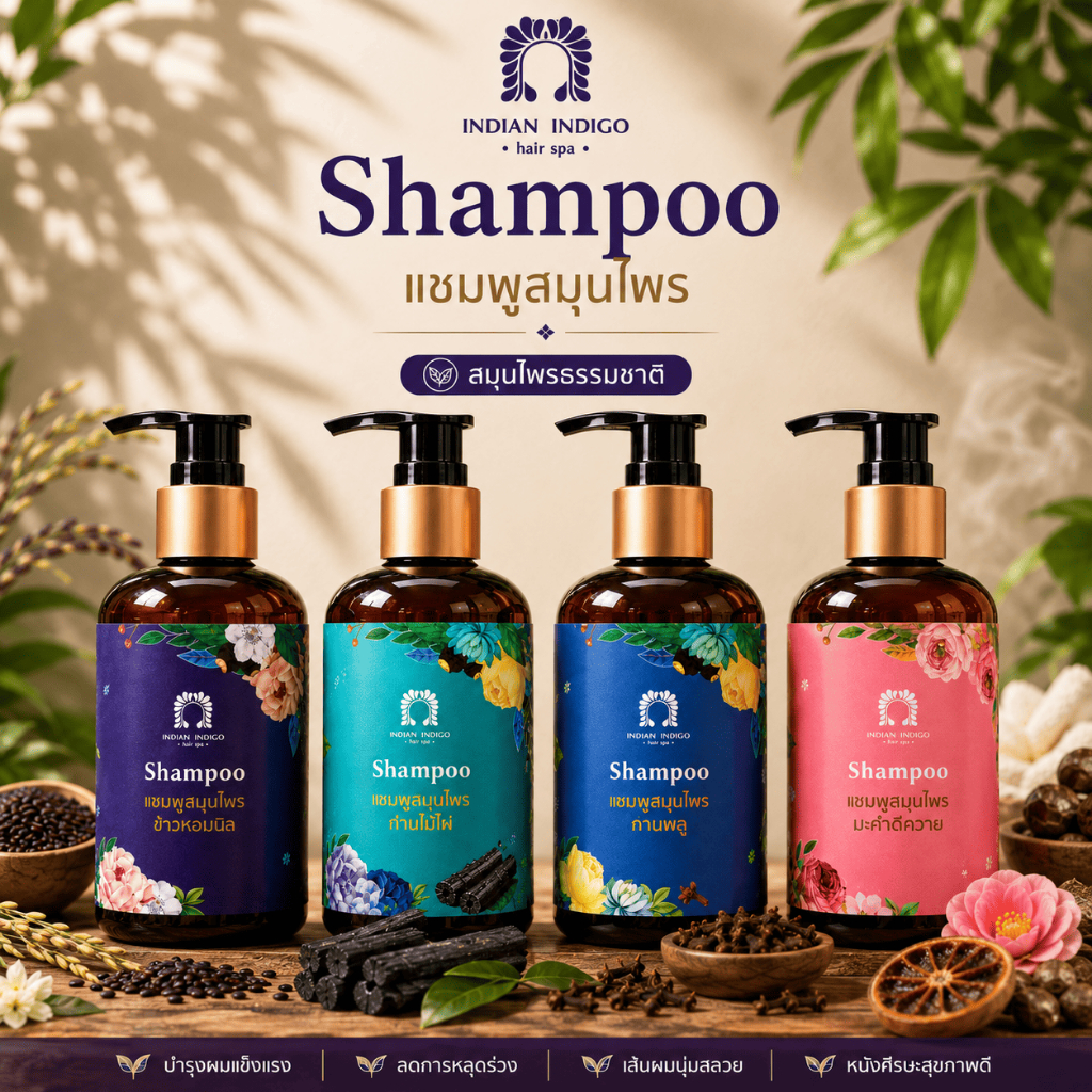 [แชมพูสมุนไพร 4 สูตร] INDIAN INDIGO ดูแลผมมัน ผมแห้ง ผมร่วง รังแค ผมนุ่มสวย หอมสะอาด 250ml
