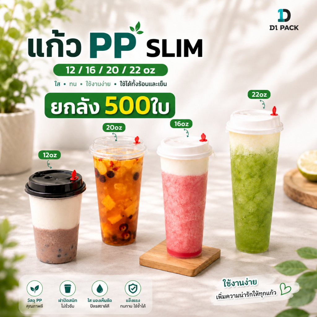 CPP - แก้ว PP Slim ปากแก้ว 90 mm แก้วพลาสติก ยกลัง (500ใบ)  เฉพาะแก้ว