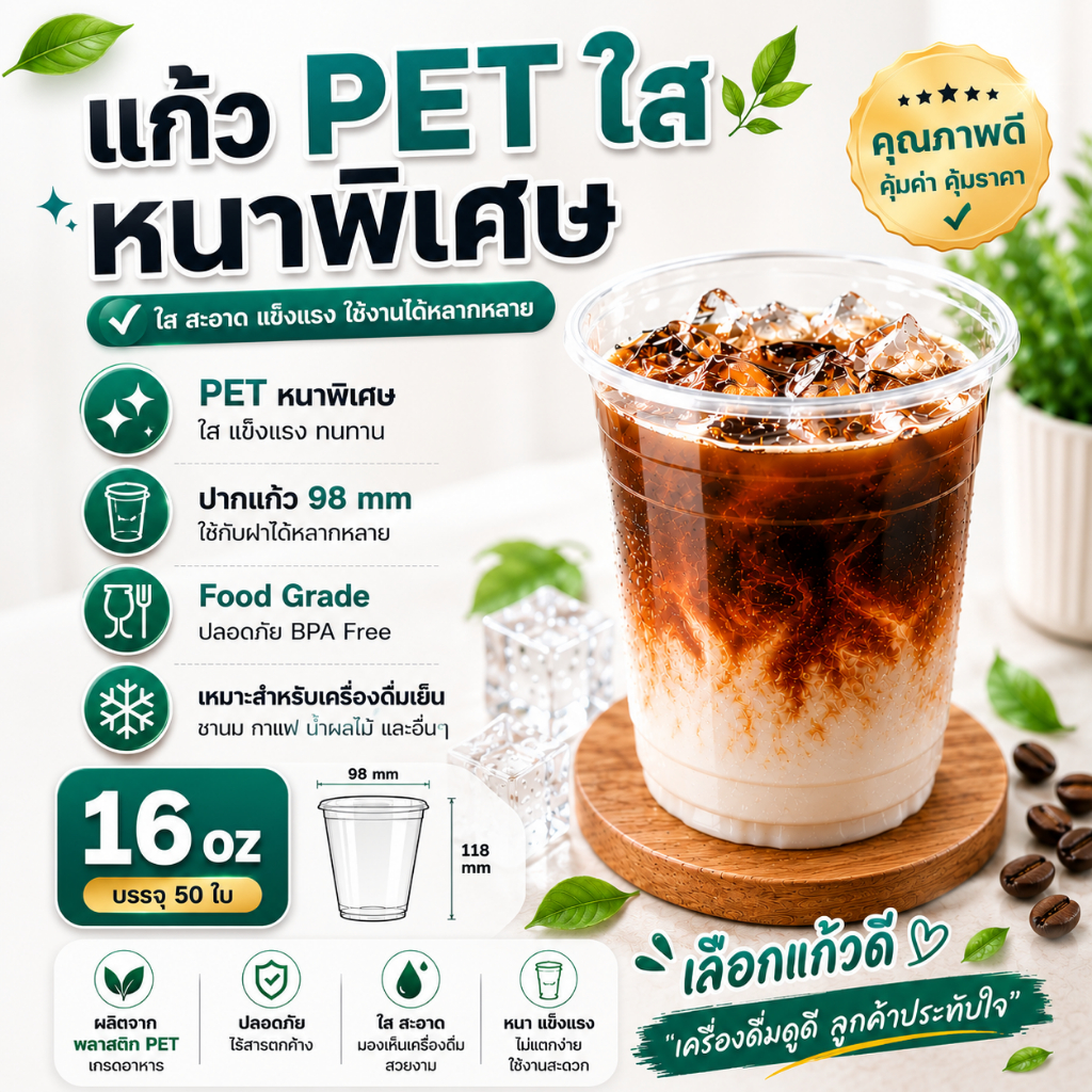 BCL- แก้ว PET 16oz D1 ทรงสตาร์บัค แก้วพลาสติก ปาก 98 มิล +พร้อมฝา (50ใบ) เหมาะสำหรับร้านกาแฟ ร้านคาเฟ่ หนาพิเศษ