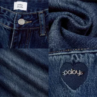 Paloy - PL6316 Forever Blue Jeans กางเกงยีนส์ทรงกระบอก ปักหัวใจแต่งอะไหล่โลหะขอบที่กระเป๋าหน้า (Known By Heart)