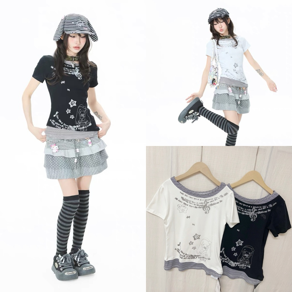 8961 เสื้อยืดแต่งแถบปาดสกรีนลายผู้หญิง👧