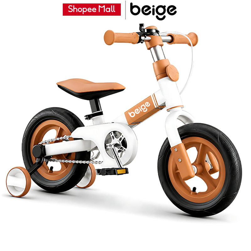 Beige จักรยานเด็ก จักรยาน 3 ใน 1 อเนกประสงค์ รถจักรยานเด็ก 12 นิ้ว มีล้อเสริม จักรยานขาไถ 2-7ขวบ
