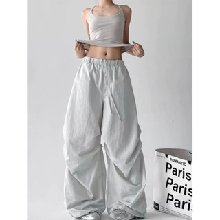 [Summer quick drying fabric, casual pants]สไตล์อเมริกันวินเทจผู้หญิงสีทึบแจ๊สเต้นลำลองกางเกงขากว้าง