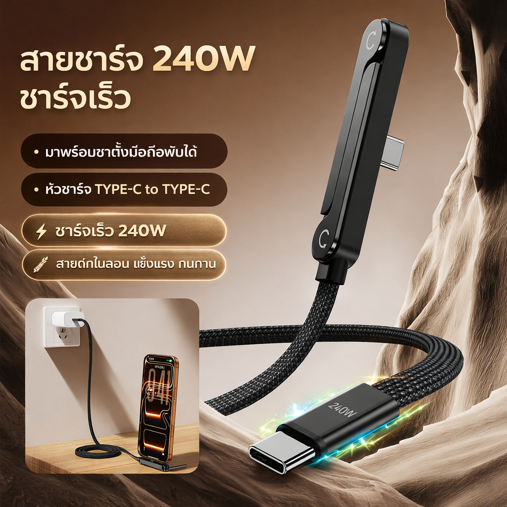 สายชาร์จ Type C 240W สายชาร์จเร็วพิเศษ สายชาร์จ USB มีขาตั้งมือถือพับได้ สายถักหัวงอ ไม่หักง่าย สำหรับแท็บเล็ต