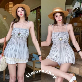 🔥aimorn_shop🔥เสื้อสายเดี่ยวผูกไหล่ ตีเกล็ดระบายช่วงอกสวยมาก ผ้าโรซี่ งานผ้าบางพริ้ว ใส่สบาย