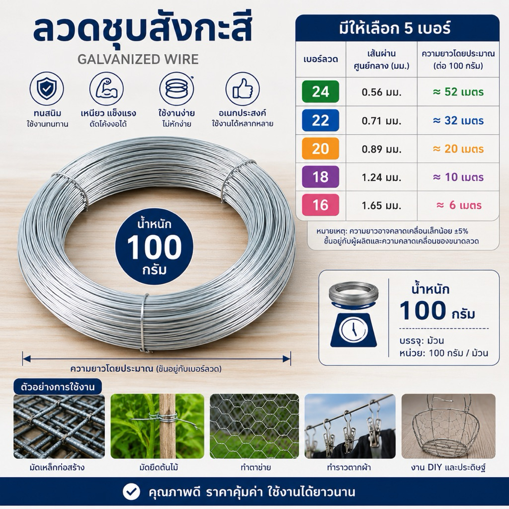 ลวดขาว ลวดชุบสังกะสี ขดลวด ลวดเส้นเล็ก เบอร์18-24 (แบ่งขาย 100กรัม/ม้วน)