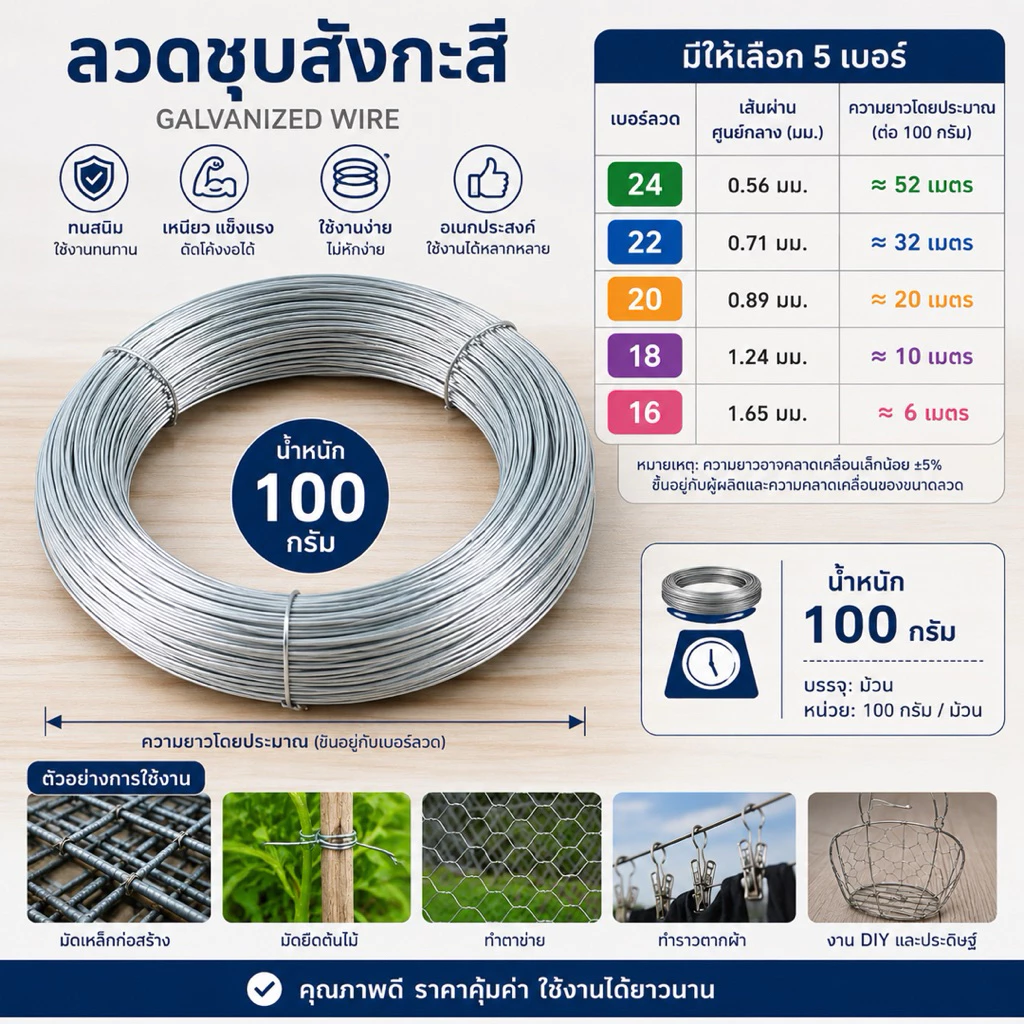 ลวดขาว ลวดชุบสังกะสี ขดลวด ลวดเส้นเล็ก เบอร์18-24 (แบ่งขาย 100กรัม/ม้วน)