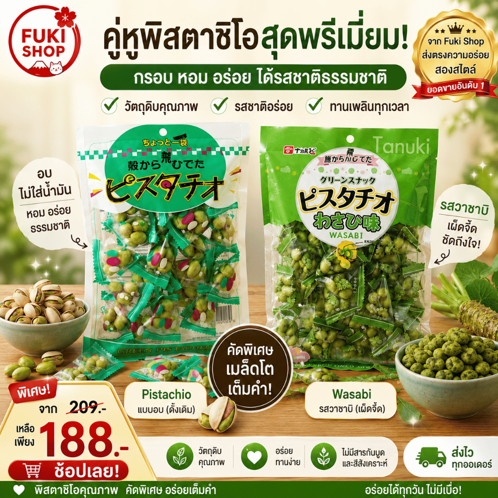 ถั่วพิสตาชิโอ และถั่วพิตาชิโอวาซาบิ ขนาด 80 กรัม นำเข้าจากญี่ปุ่น ของแท้ 100%