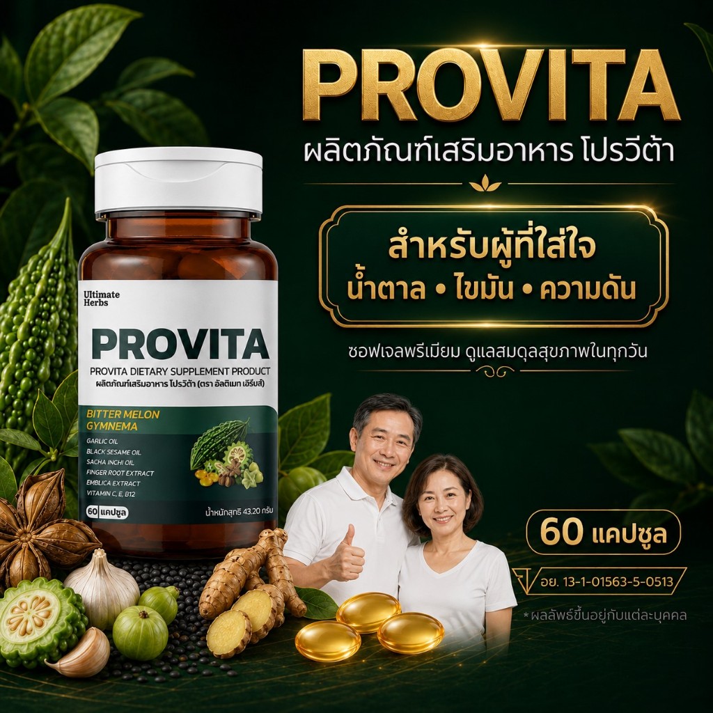 โปรวีต้า ซอฟเจล ดูแลน้ำตาลสูง สารสกัดมะระขี้นก ผักเชียงดา และอื่นๆ 10 ชนิด เบาหวาน ความดัน ไขมันสูง
