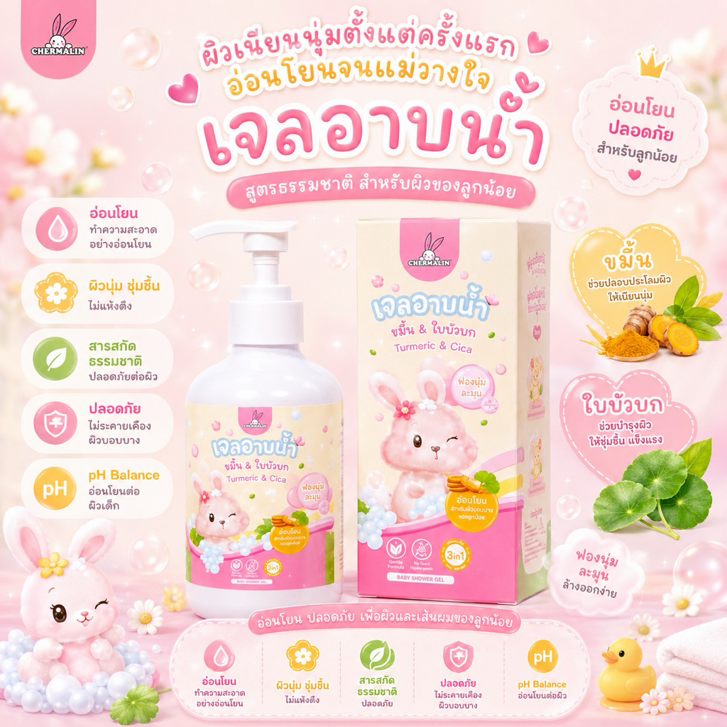 เจลอาบน้ำเด็กเฌอมาลิน เบบี้ชาวเวอร์ เจล ขมิ้น เฮอร์เบิล 450 มล.