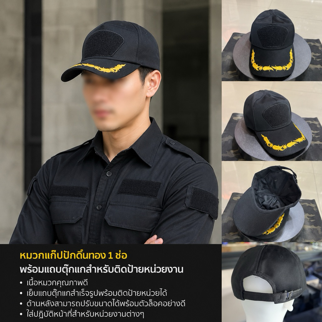 หมวกแก๊ปปัก1 ช่อ พร้อมแถบตุ๊กแกสำหรับติดป้ายหน่วยงาน