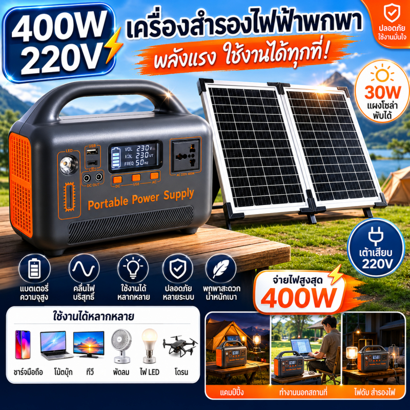 MENGCHI เครื่องสำรองไฟพกพา 400W พร้อมแผงโซลาร์ 30W แหล่งจ่ายไฟ 220V ชาร์จโน้ตบุ๊ก โทรศัพท์ แคมป์ปิ้ง ฉุกเฉิน