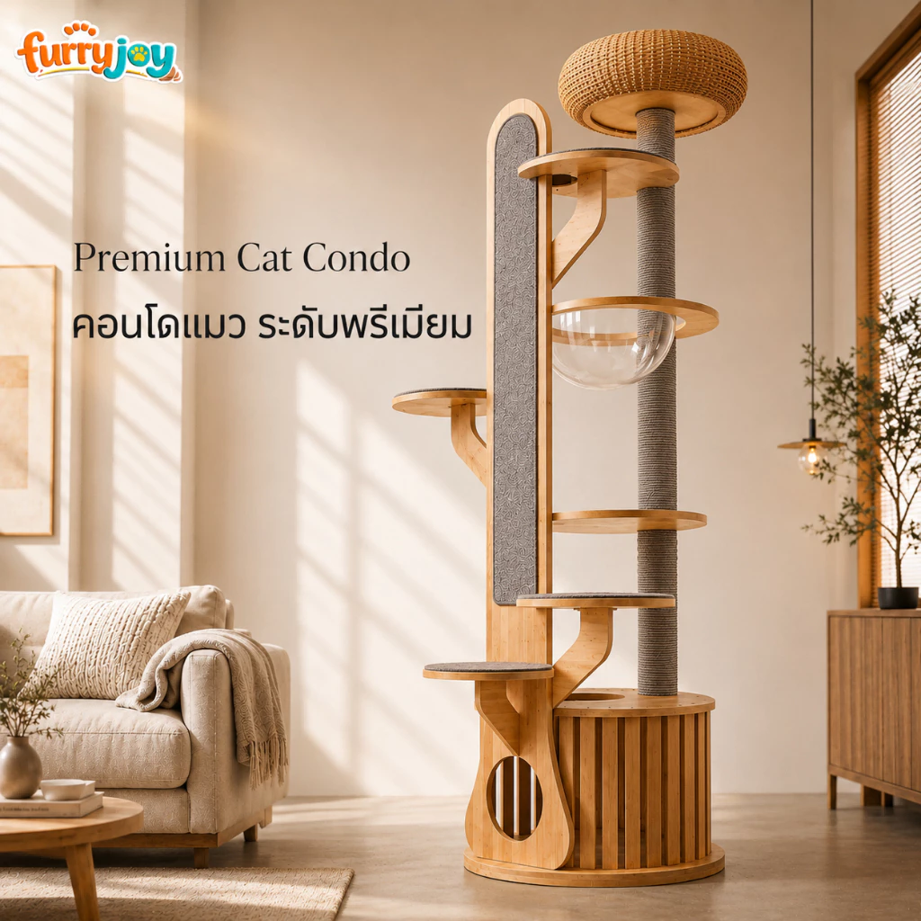 [FurryJoyคอนโดแมวไม้ยางพารา190cmหลุมอวกาศใหญ่พิเศษ ตะกร้าหวาย ที่ลับเล็บแมว แข็งแรง มั่นคงไม่ล้มง่าย