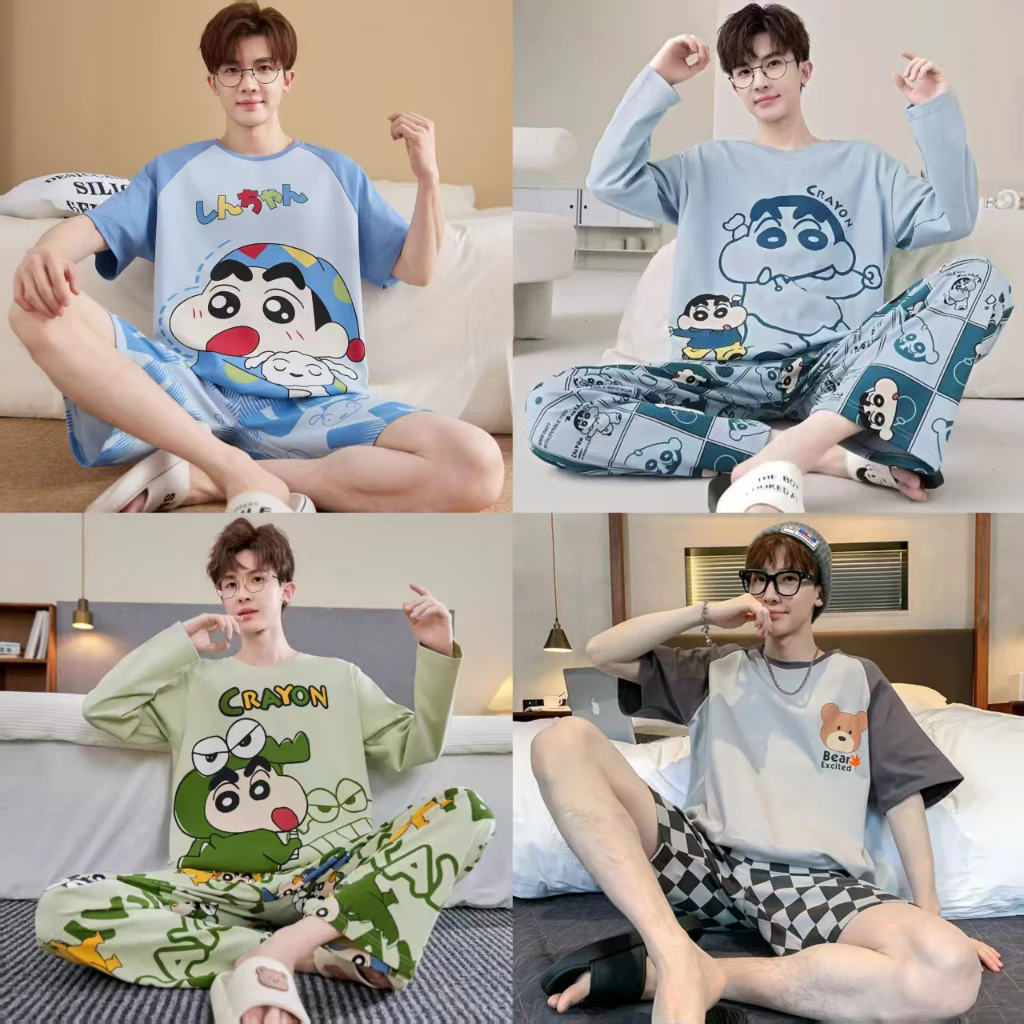 ส่งมอบทันที, ที่ส่งมาจากประเทศไทย,M-4XL,ชุดนอนผู้ชาย, ผ้าฝ้ายเนื้อนุ่ม, ลายการ์ตูน,หลากหลายรูปแบบ, ขาสั้น+เสื้อยืด