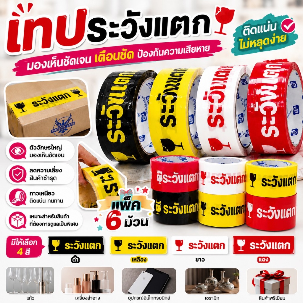 แพ็ค6 เทปกาวระวังแตก เทปแต้งกิ้ว เทปกาวแพ็คของ เทป thank you