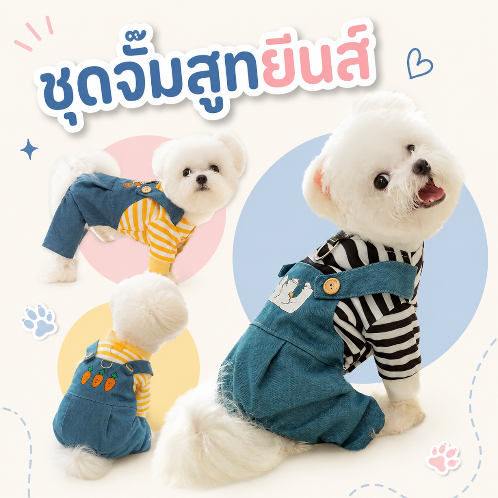 ชุดสวมสี่ขาสุนัข-แมว ชุดจั๊มสูทเอี๊ยมผ้านุ่ม เสื้อสุนัข เสื้อแมว ชุดหมา ชุดแมว