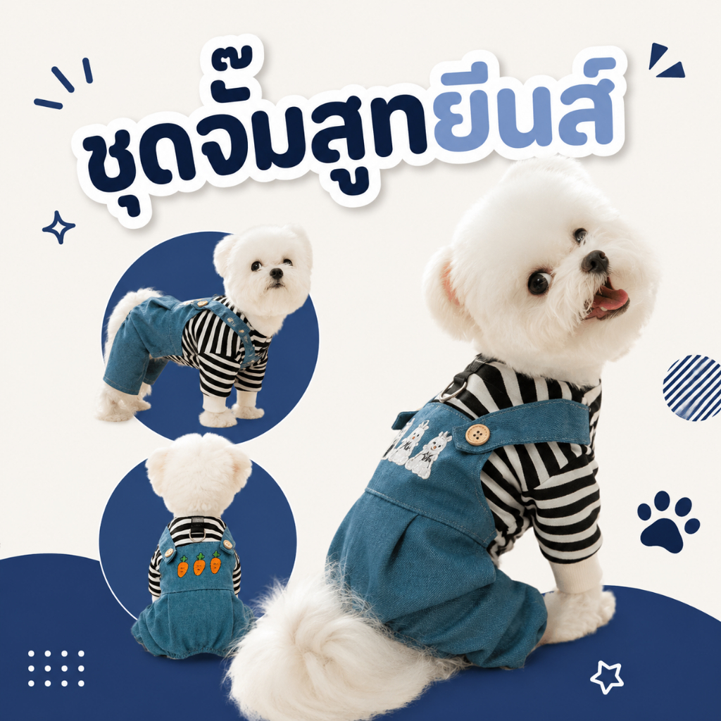 ชุดจั๊มสูทเอี๊ยมยีนส์ ชุดสวมสี่ขาสุนัข-แมว