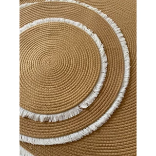 พรมกลมสีกากีขอบขาว 40cm 60cm 100cm พรมปูพื้นกลม เชือกฝ้าย พรมมินิมอลสไตล์ Muji พรมตกแต่งห้อง ขอบพู่ พรมปูห้องนั่งเล่น ห้