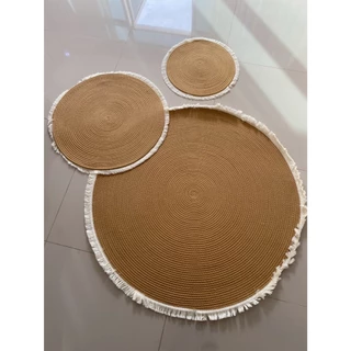 พรมกลมสีกากีขอบขาว 40cm 60cm 100cm พรมปูพื้นกลม เชือกฝ้าย พรมมินิมอลสไตล์ Muji พรมตกแต่งห้อง ขอบพู่ พรมปูห้องนั่งเล่น ห้