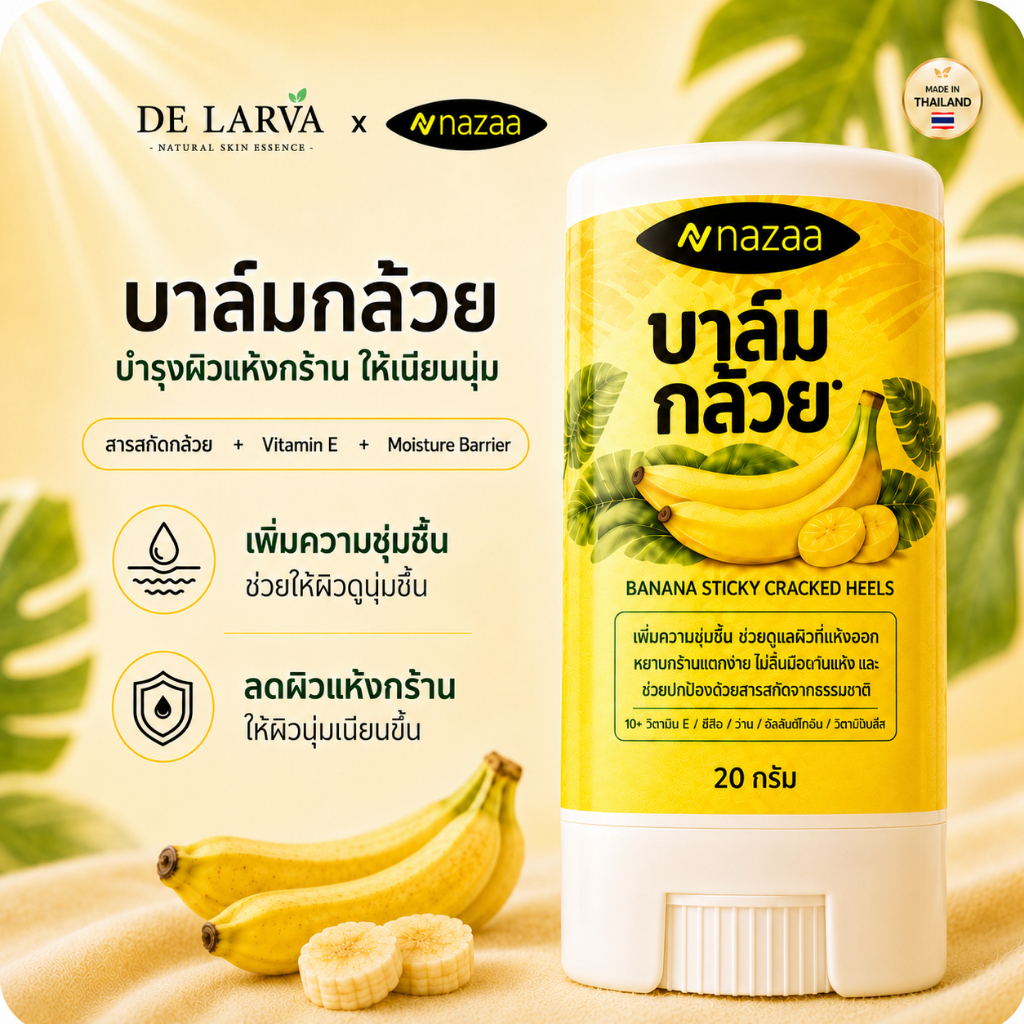 DE LARVA & NAZAA Banana Balm บาล์มกล้วย สำหรับส้นเท้า ข้อศอก มือ ผิวนุ่มขึ้น 20g