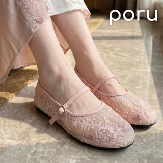 [ส่งฟรี]Poru รองเท้าคัทชูผู้หญิง ทรงแมรี่เจน ผ้าลูกไม้ซีทรู ปักเลื่อมวิ้งๆ แฟชั่นสไตล์วินเทจ ไซส์ 36-41