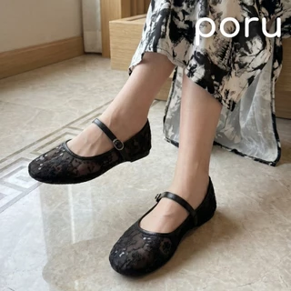 [ส่งฟรี]Poru รองเท้าคัทชูผู้หญิง ทรงแมรี่เจน ผ้าลูกไม้ซีทรู ปักเลื่อมวิ้งๆ แฟชั่นสไตล์วินเทจ ไซส์ 36-41